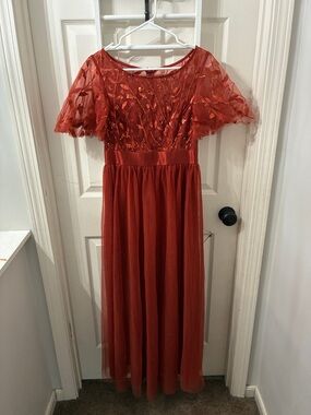 Ever Pretty Rust Red Maxi Dress with Sheer Flutter Sleeves